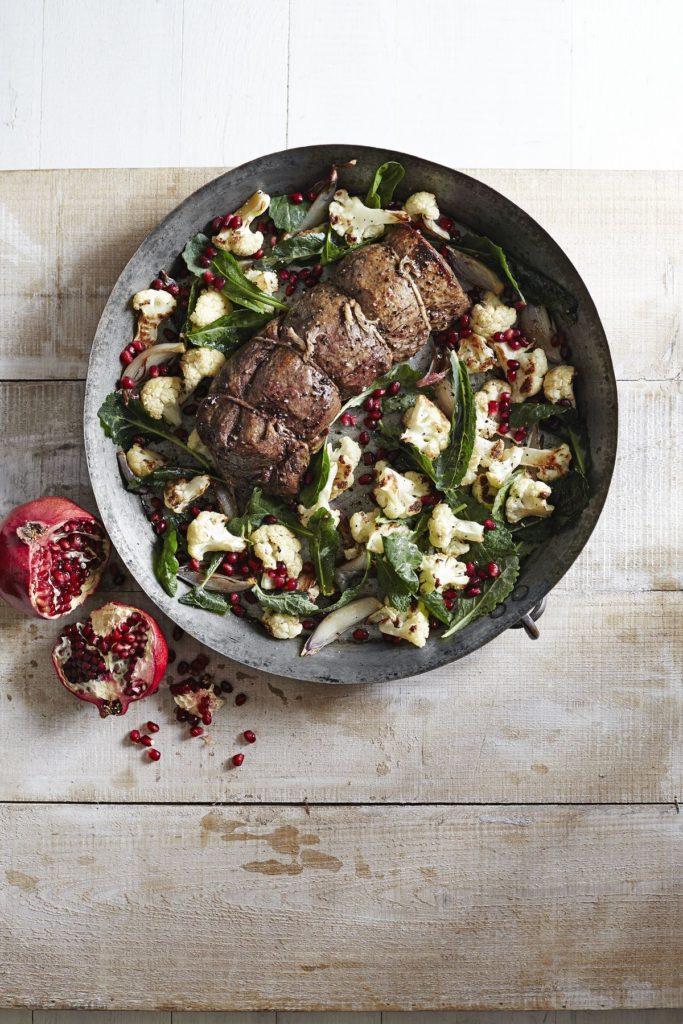 Beef Tenderloin with Roasted Cauliflower-Pomegranate Salad recipe