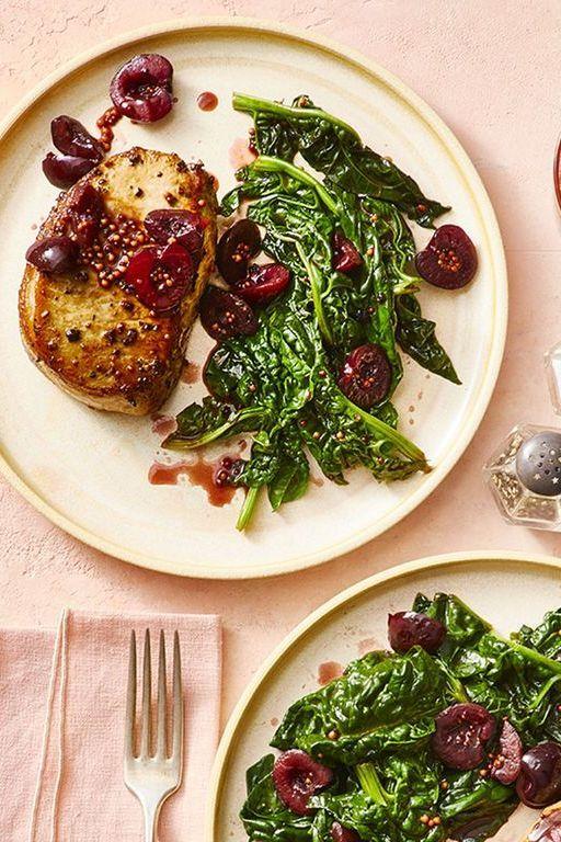 Seared Pork Chops with Cherries and Spinach recipe