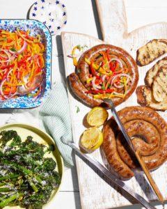 Sausage Pinwheels with Marinated Peppers and Grilled Broccolini recipe