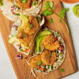 Popcorn Shrimp Tacos with Cabbage Slaw recipe