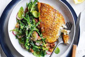Seared snapper with snow peas, basil and lemon recipe