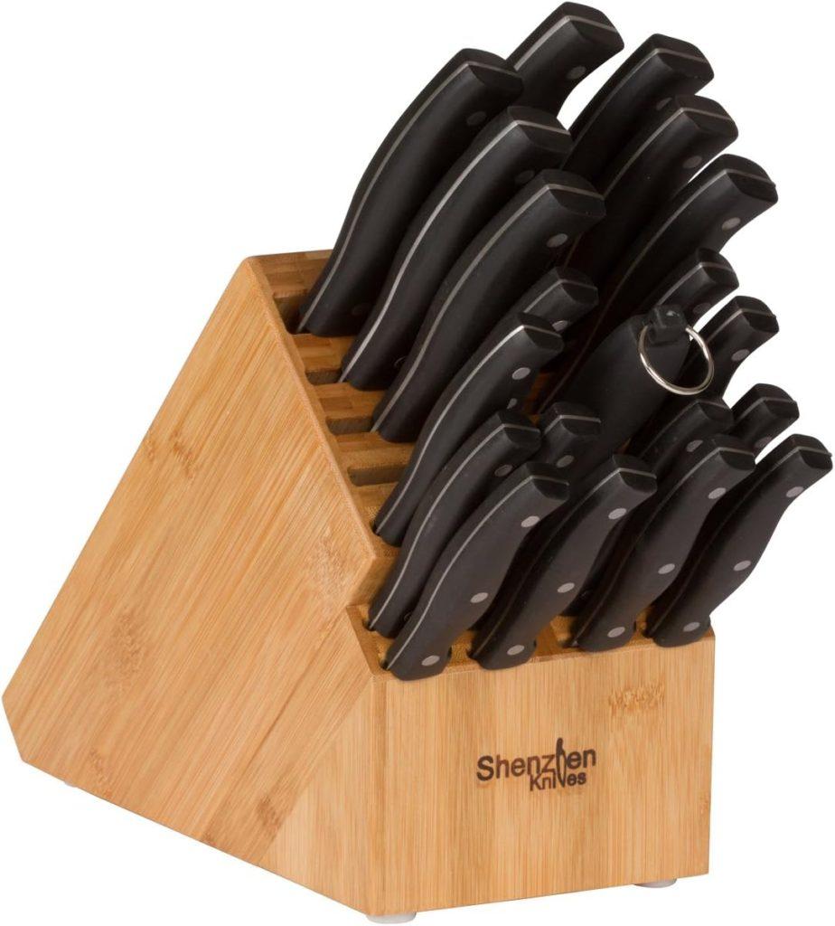 20 Slot Universal Knife Block: Shenzhen Knives Large Bamboo Wood Knife Block without Knives - Countertop Butcher Block Knife Holder and Organizer with Wide Slots for Easy Kitchen Knife Storage