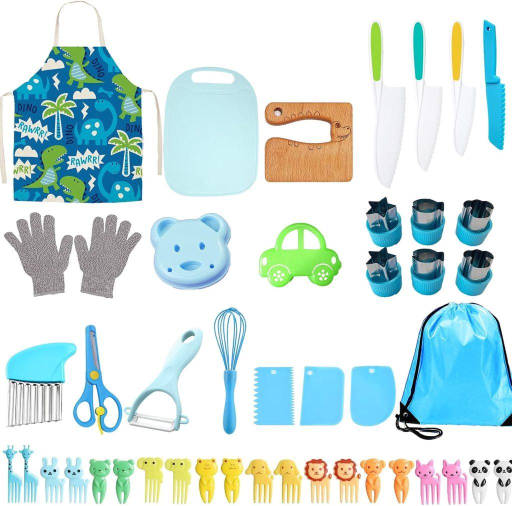 44 PCs Kids Knife for Real Cooking, Hombae Toddler Cooking Set Safety Wooden Plastic Knives Cutting Board Bread Fruit Fork Crinkle Cutter Peeler Scissor Cream Scraper Egg Beater Glove Apron Bag Blue