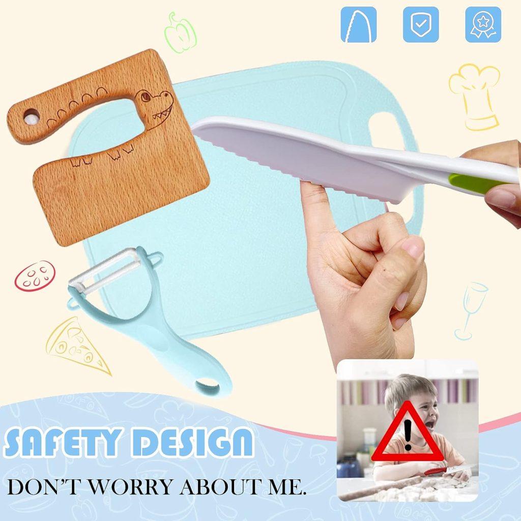 44 PCs Kids Knife for Real Cooking, Hombae Toddler Cooking Set Safety Wooden Plastic Knives Cutting Board Bread Fruit Fork Crinkle Cutter Peeler Scissor Cream Scraper Egg Beater Glove Apron Bag Blue