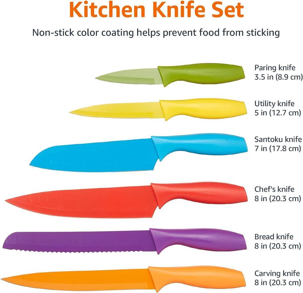 Amazon Basics Color-Coded Kitchen 12-Piece Knife Set, 6 Knives with 6 Blade Guards, Multicolor, 13.88 x 4.13 x 1.38 inch