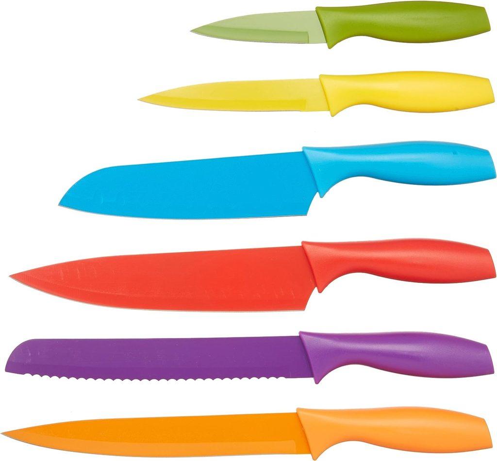 Amazon Basics Color-Coded Kitchen 12-Piece Knife Set, 6 Knives with 6 Blade Guards, Multicolor, 13.88 x 4.13 x 1.38 inch