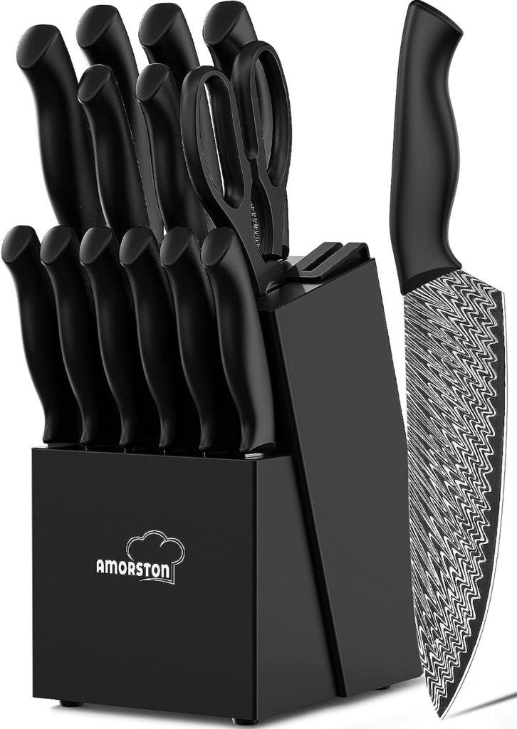 Amorston Knife Set, 15 Pieces Kitchen Knife Set with Built in Knife Sharpener Block, Dishwasher Safe, German Stainless Steel Knife Block Set