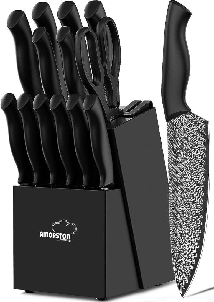 Amorston Knife Set, 15 Pieces Kitchen Knife Set with Built in Knife Sharpener Block, Dishwasher Safe, German Stainless Steel Knife Block Set