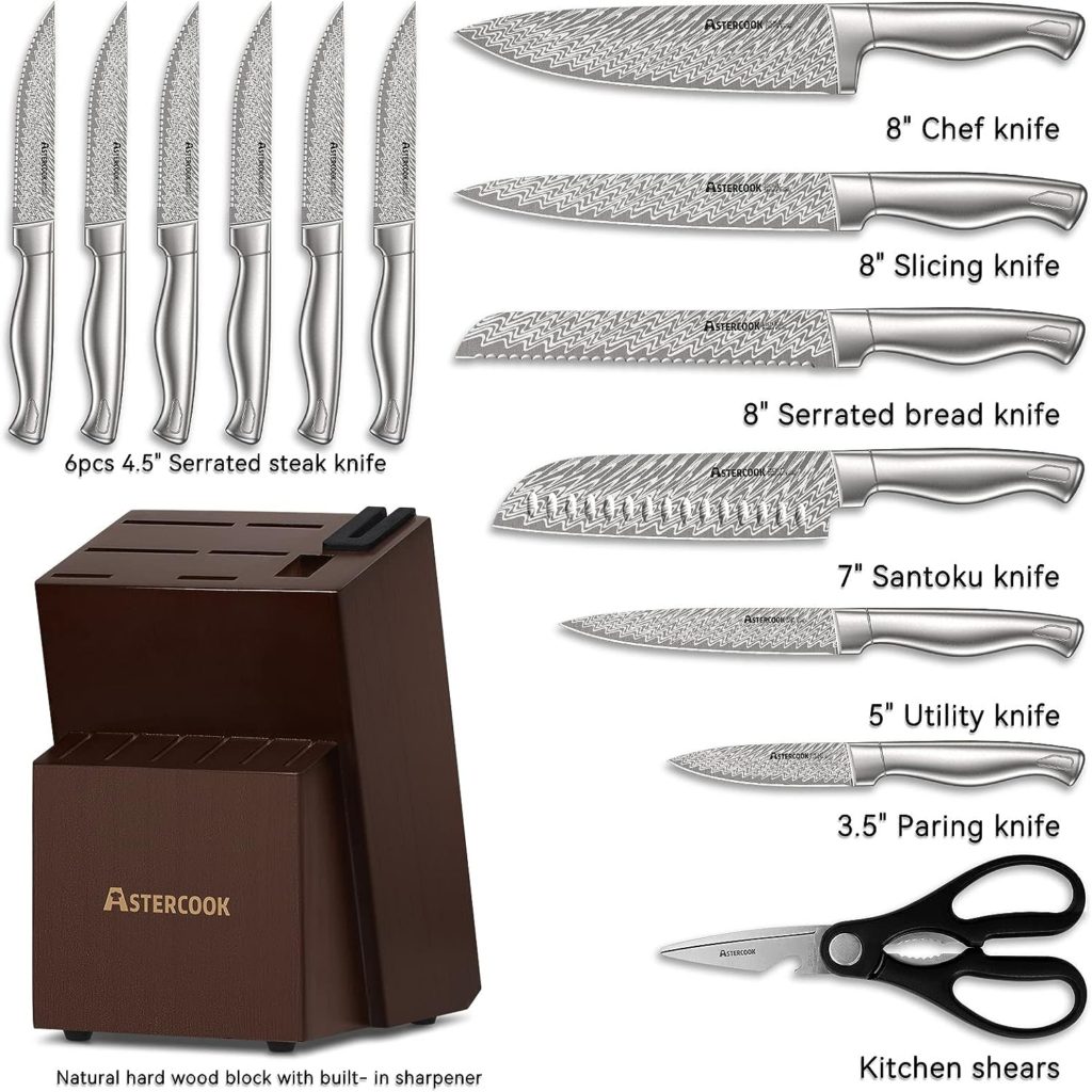 Astercook Knife Set, Damascus Kitchen Knife Set with Block, Built-in Knife Sharpener, German Stainless Steel Knife Block Set, Dishwasher Safe