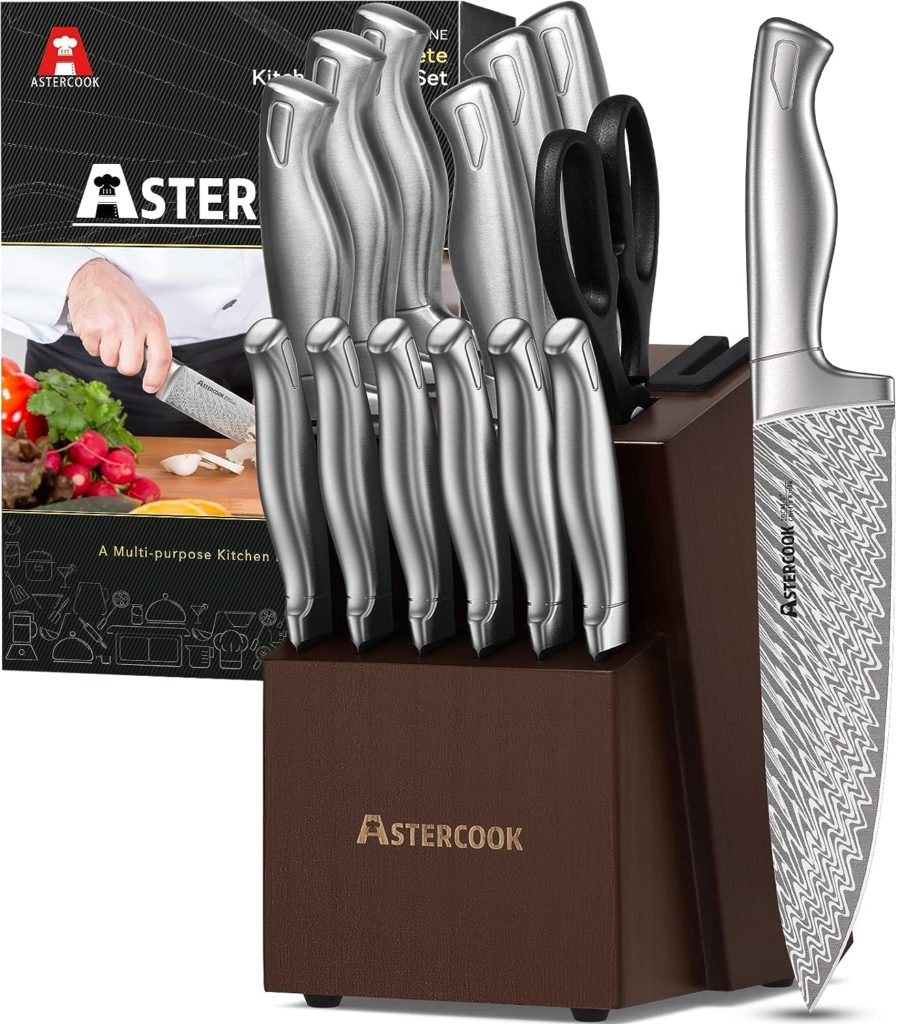 Astercook Knife Set, Damascus Kitchen Knife Set with Block, Built-in Knife Sharpener, German Stainless Steel Knife Block Set, Dishwasher Safe