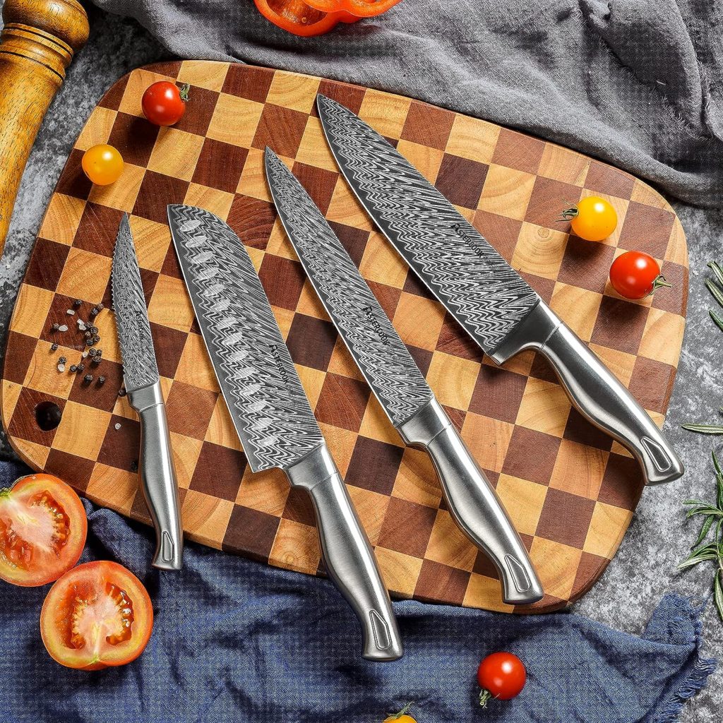 Astercook Knife Set, Damascus Kitchen Knife Set with Block, Built-in Knife Sharpener, German Stainless Steel Knife Block Set, Dishwasher Safe