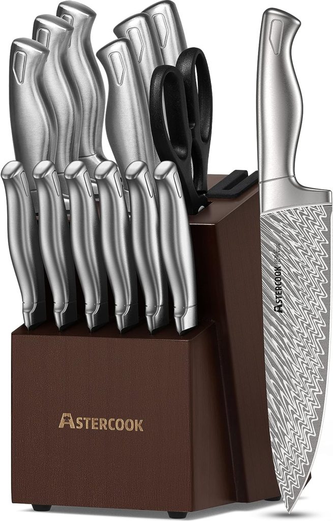 Astercook Knife Set, Damascus Kitchen Knife Set with Block, Built-in Knife Sharpener, German Stainless Steel Knife Block Set, Dishwasher Safe