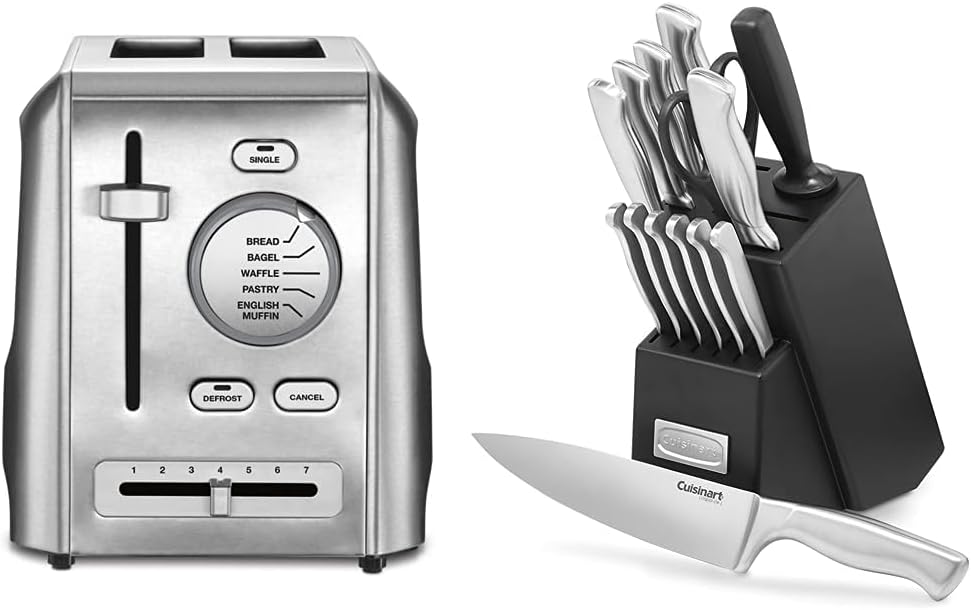 Cuisinart CPT-620 2-Slice Custom Select Toaster, Stainless Steel  15 Piece Kitchen Knife Set with Block, Cutlery Set, Hollow Handle, C77SS-15PK