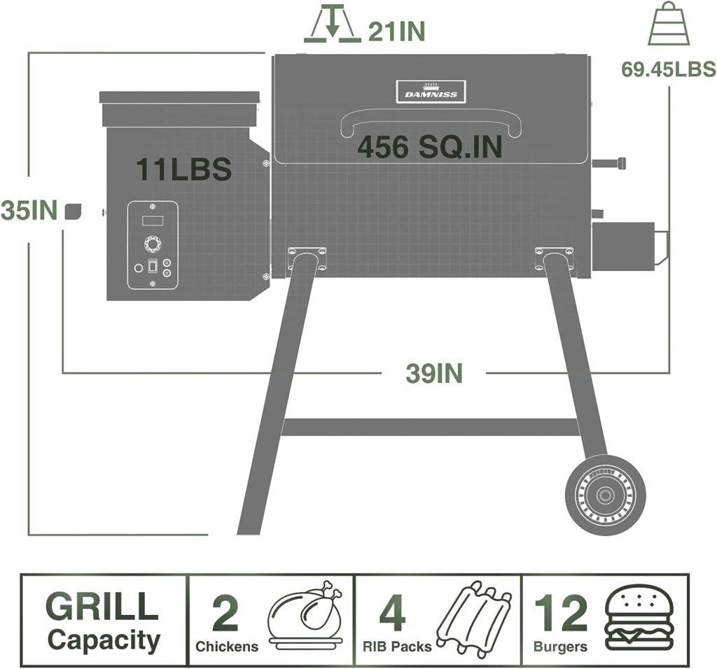 DAMNISS Wood Pellet Grill  Smoker 8-in-1 Multifunctional BBQ Grill with Automatic Temperature Control, for Outdoor Cooking Smoke, Bake and Roast Area 456 sq.in.Green