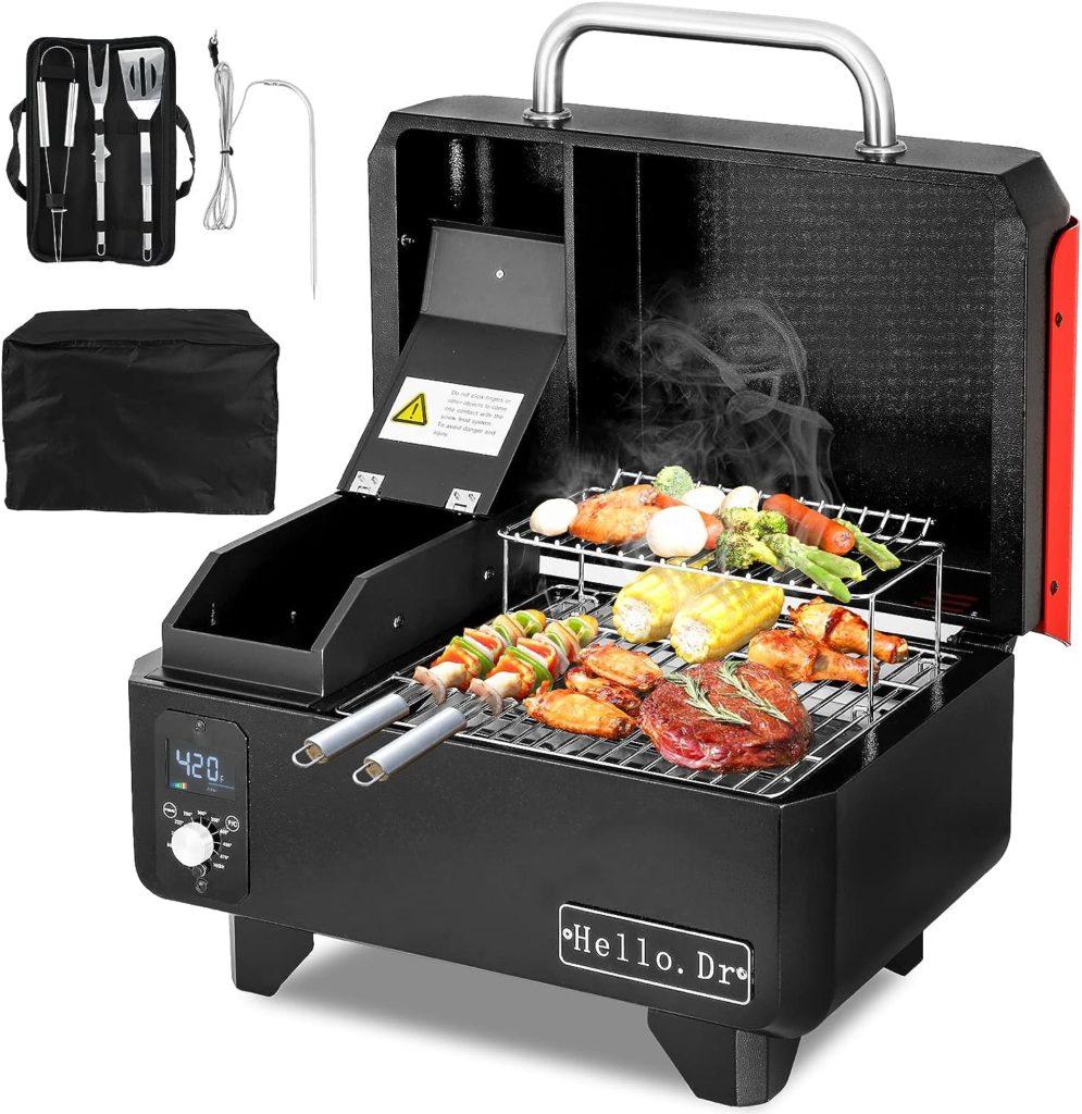 Hello.Dr Portable Wood Pellet Grill and Smoker,Electric Outdoor 8 in 1 Tabletop Grills for RV Camping Tailgating RV Cooking BBQ, Intelligent Temperature Control and Superheated Steam Technology