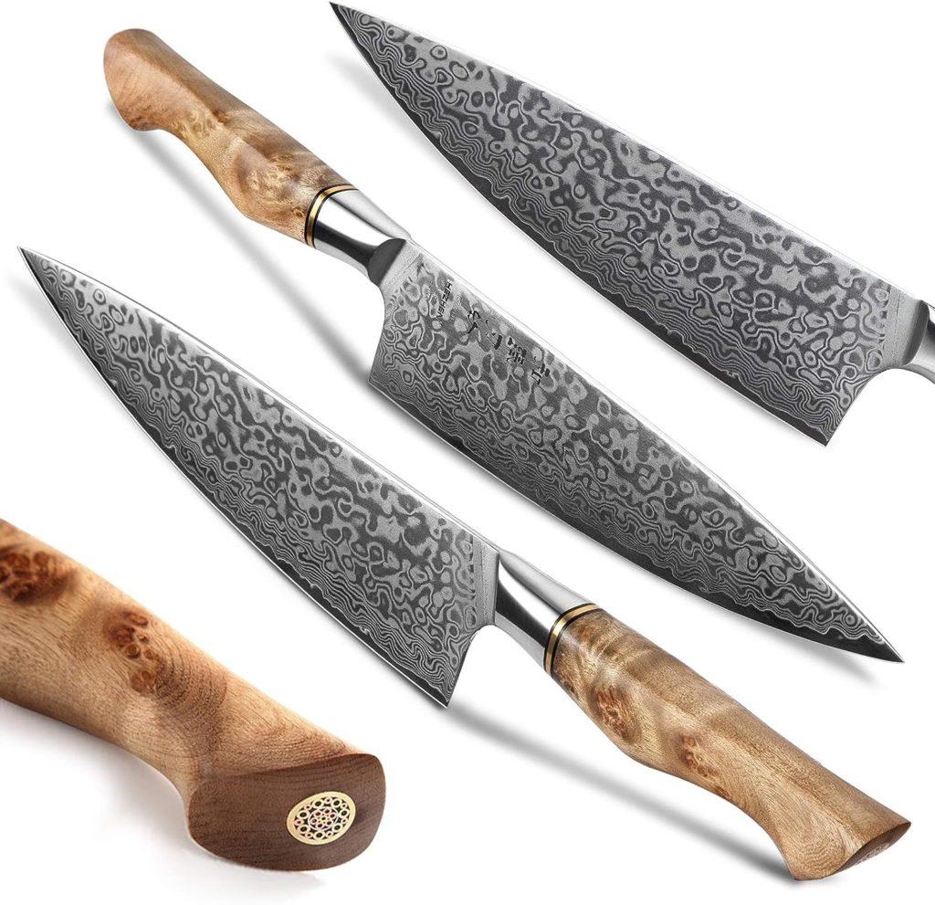 HEZHEN Damascus Kitchen Knives Set, Damascus Steel Japanese Style Chef Knife Utility Knife Santoku Knife,Figured Sycamore Wood Handle