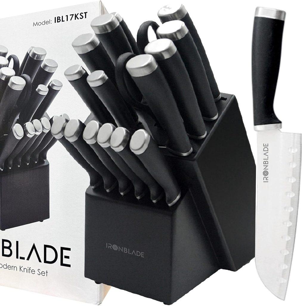 IRONBLADE Knife Set, 17-Pieces Kitchen Knife Set with Block Wooden German Stainless Steel with Special Blade Sharpener