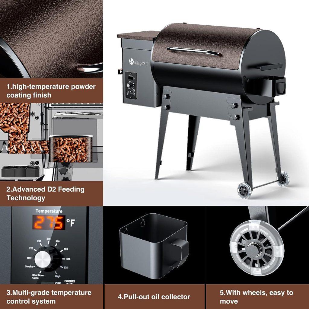 KingChii 2023 Upgrade Portable Wood Pellet Grill  Smoker Multifunctional 8-in-1 BBQ Grill with Automatic Temperature Control Foldable Leg for Backyard Camping Cooking Bake and Roast, 341 sq in Bronze