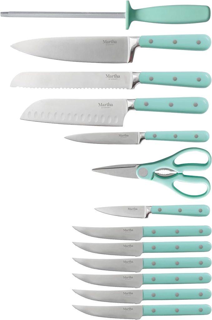 Martha Stewart 14 Piece High Carbon Stainless Steel Cutlery Knife Block Set w/ABS Triple Riveted Forged Handle Ashwood Block - Martha Blue