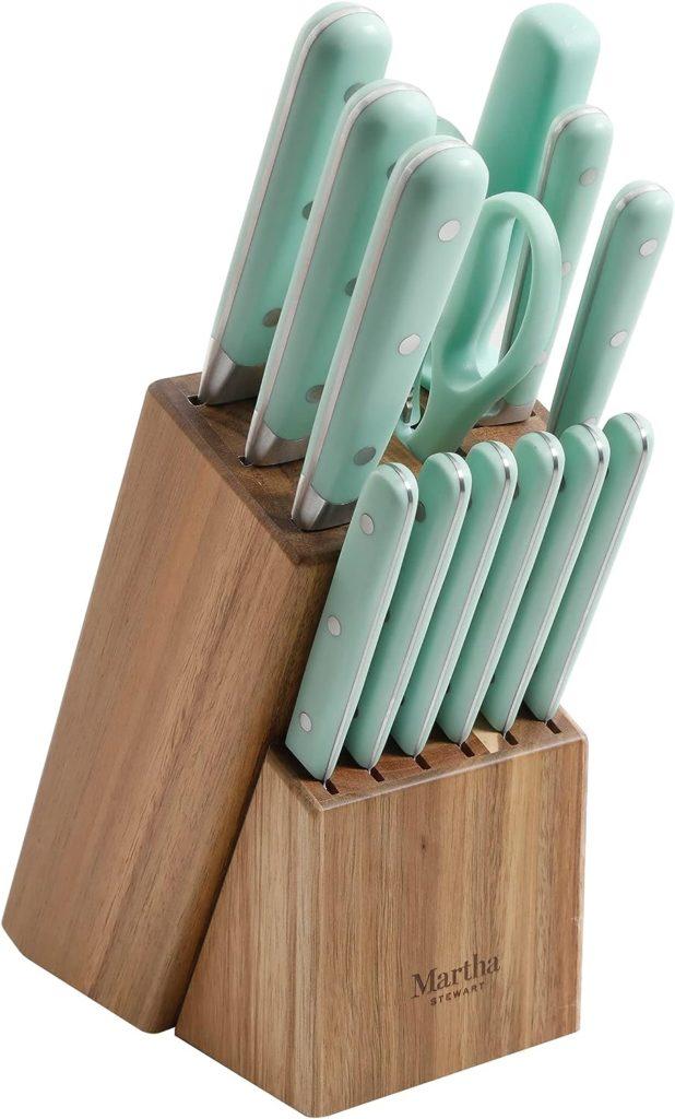 Martha Stewart 14 Piece High Carbon Stainless Steel Cutlery Knife Block Set w/ABS Triple Riveted Forged Handle Ashwood Block - Martha Blue