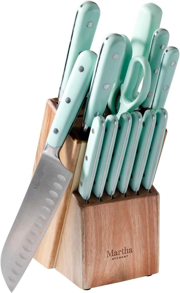 Martha Stewart 14 Piece High Carbon Stainless Steel Cutlery Knife Block Set w/ABS Triple Riveted Forged Handle Ashwood Block - Martha Blue