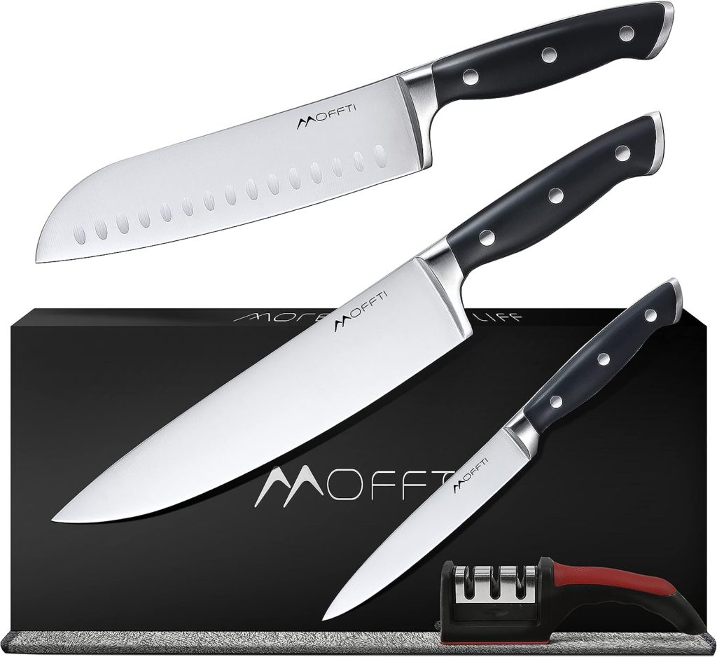 MOFFTI Chef Knife Set with Knife Sharpener, German EN1.4116 Stainless Steel, Ultra Sharp Professional Ergonomic Handle, Knives Set for Kitchen with Gift Box