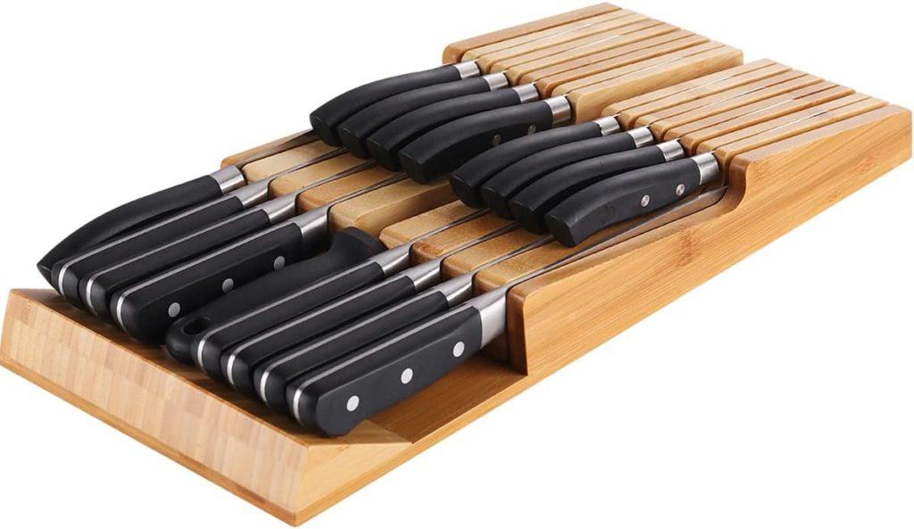 NIUXX Bamboo In-Drawer Knife Block Set for 16 Knives(Not Included), Large Kitchen Detachable Washable Cutlery Slot Organizer Storage Holder for Sharpening Steel and Cutter