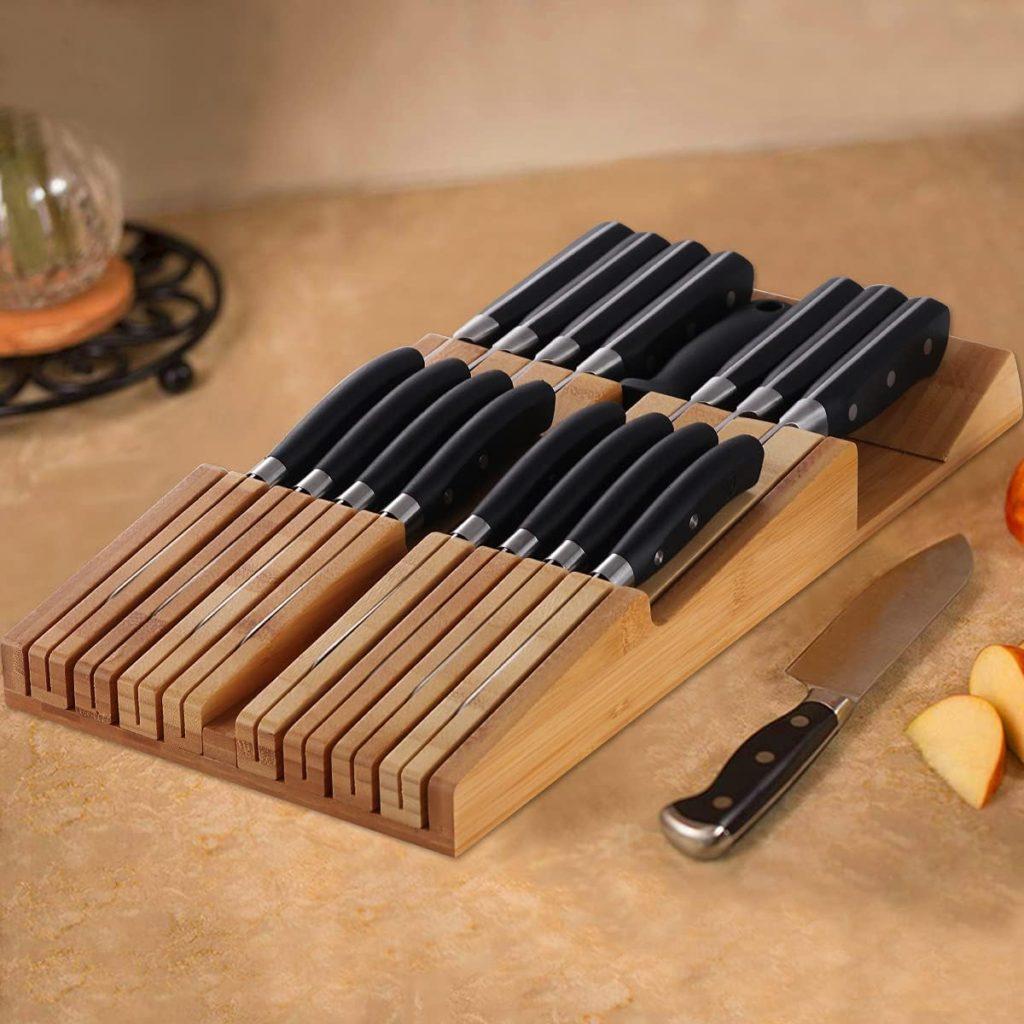 NIUXX Bamboo In-Drawer Knife Block Set for 16 Knives(Not Included), Large Kitchen Detachable Washable Cutlery Slot Organizer Storage Holder for Sharpening Steel and Cutter