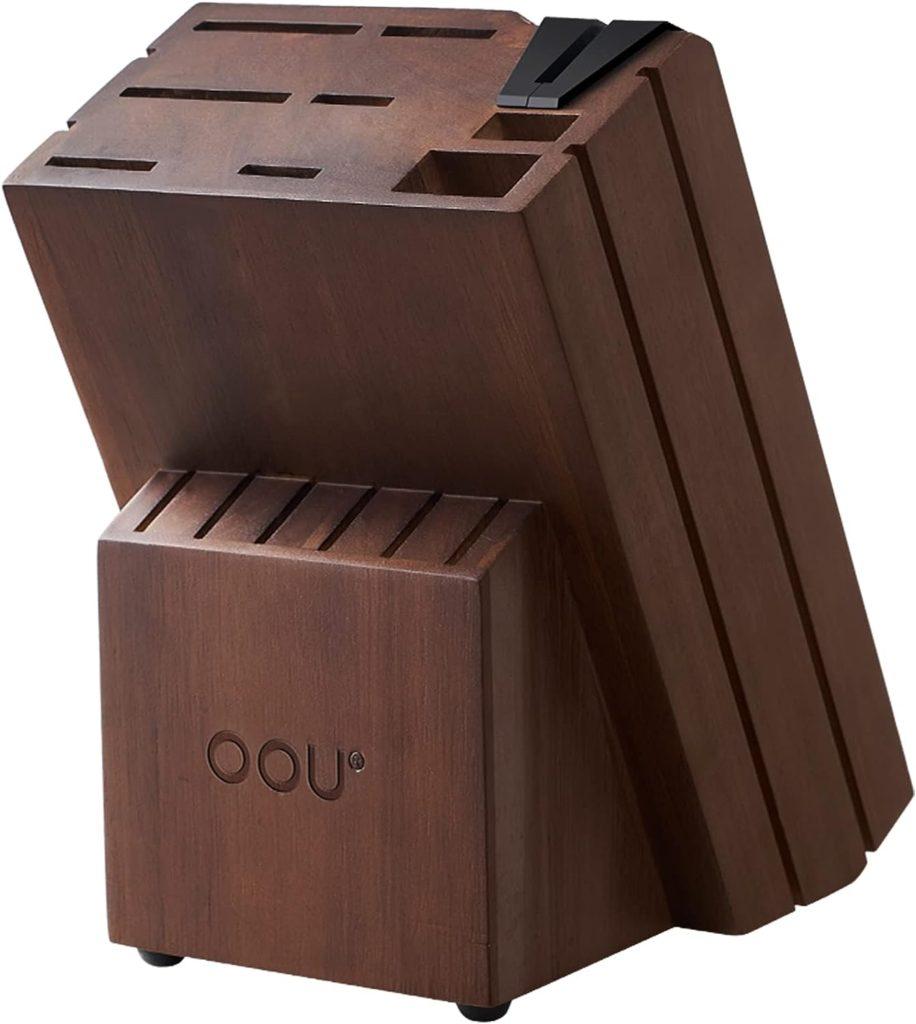 OOU! Home Knife Storage Block, Walnut Wooden Knife Block Holder, Universal Kitchen Knife Blocks with Built-in Sharpener, 14 Slots Knife Holder for Kitchen Counter, Without Knives