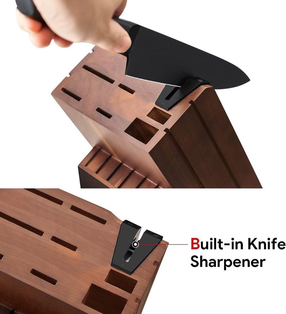 OOU! Home Knife Storage Block, Walnut Wooden Knife Block Holder, Universal Kitchen Knife Blocks with Built-in Sharpener, 14 Slots Knife Holder for Kitchen Counter, Without Knives