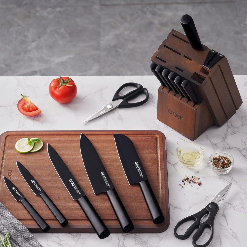 OOU! Home Knife Storage Block, Walnut Wooden Knife Block Holder, Universal Kitchen Knife Blocks with Built-in Sharpener, 14 Slots Knife Holder for Kitchen Counter, Without Knives