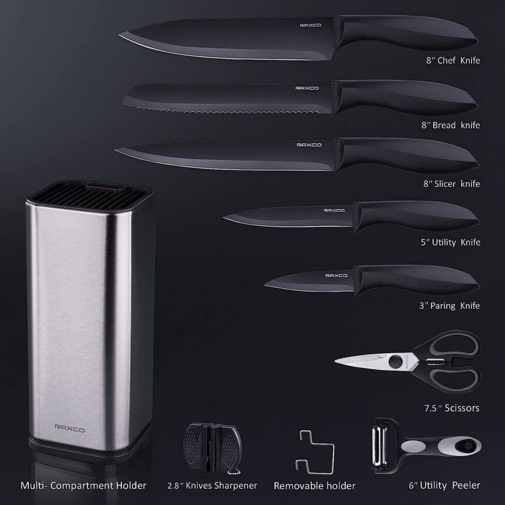 RAXCO Knife Set,10-in-1 knife sets for kitchen with block,kitchen knife set with Small Knife Block  sharpener, Knives Set for kitchen Perfect for small kitchen