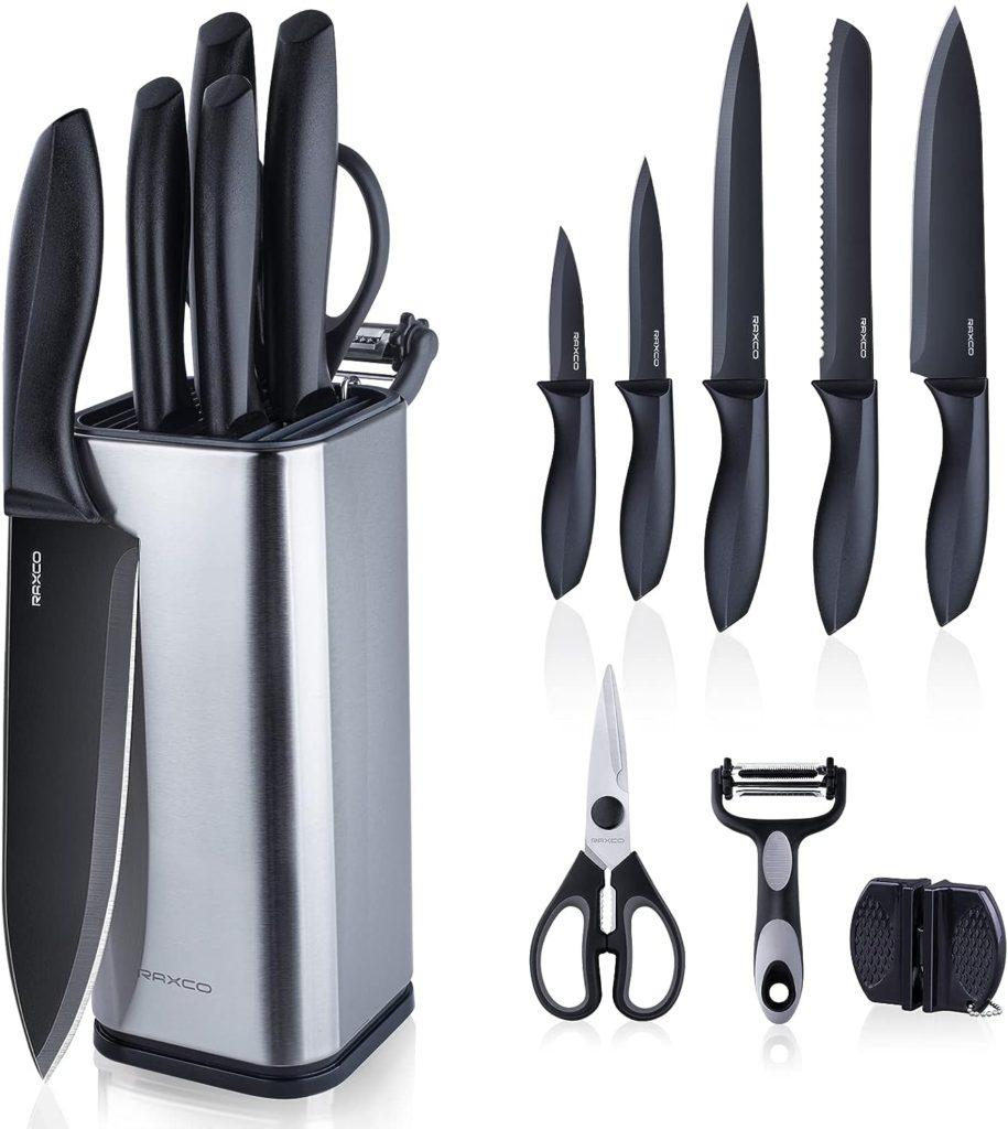 RAXCO Knife Set,10-in-1 knife sets for kitchen with block,kitchen knife set with Small Knife Block  sharpener, Knives Set for kitchen Perfect for small kitchen