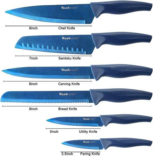 Wanbasion Blue Professional Kitchen Knife Chef Set,Stainless Steel, Dishwasher Safe with Sheathes