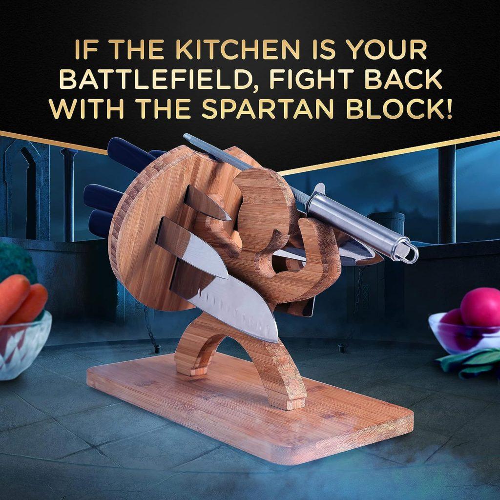 Spartan Knife Block- Complete Damascus Style Knife Set for Men- 5 Chef Knives, Knife Sharpener  Bamboo Spartan Knife Holder. Funny Stabbed Man Knife Holder- Unique Knife Block - Person Knife Holder