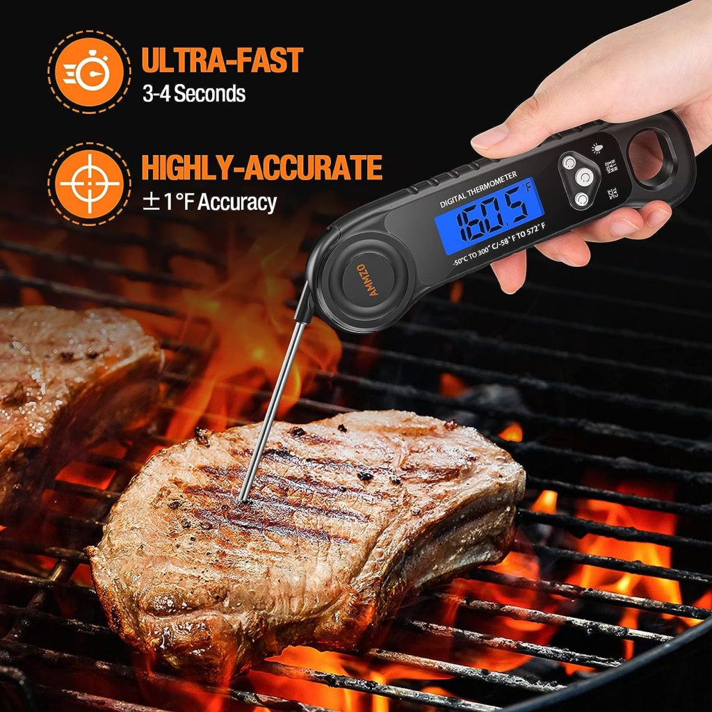 AMMZO Digital Meat Thermometer for Grilling, Instant Read Food Thermometer Waterproof with Backlight for Cooking, Deep Fry, BBQ, Grill, Smoker and Roast