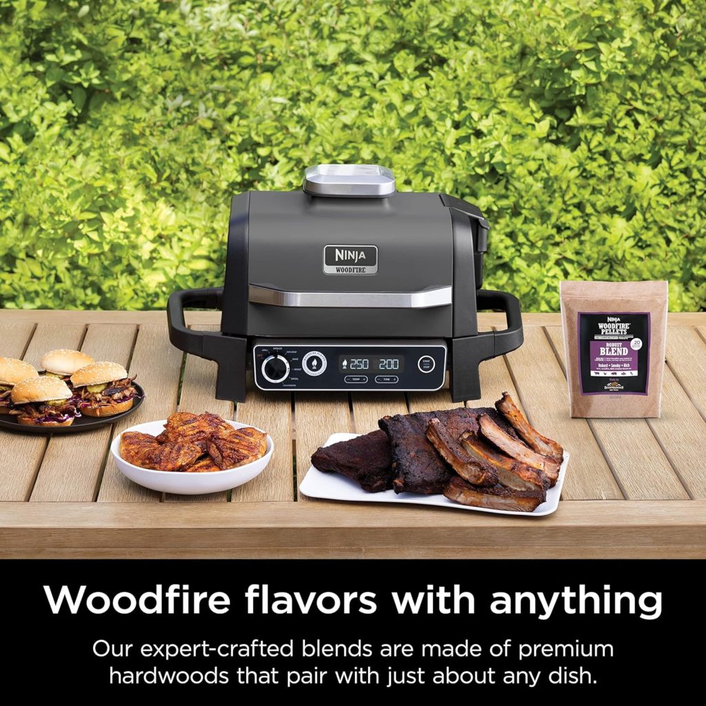 Ninja OG701 Woodfire Outdoor Grill, 7-in-1 Master Grill, BBQ Smoker,  Outdoor Air Fryer plus Bake, Roast, Dehydrate,  Broil, Woodfire Technology, with All Purpose Blend Pellets