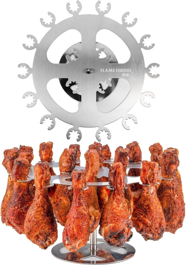 Flame Fingers XL Chicken Grill Rack - Holds 18 Legs, Wings, Thighs, Lollipops or Turkey Drumsticks. Stainless Rotating Design for use on Grills BBQs Smokers Ovens