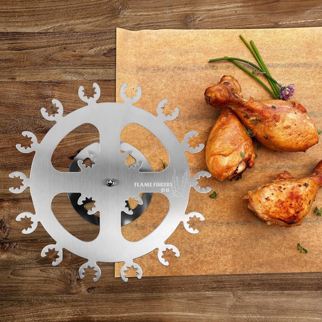 Flame Fingers XL Chicken Grill Rack - Holds 18 Legs, Wings, Thighs, Lollipops or Turkey Drumsticks. Stainless Rotating Design for use on Grills BBQs Smokers Ovens