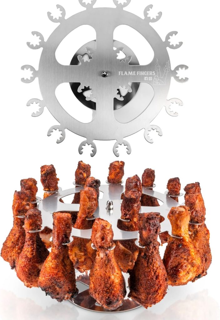 Flame Fingers XL Chicken Grill Rack - Holds 18 Legs, Wings, Thighs, Lollipops or Turkey Drumsticks. Stainless Rotating Design for use on Grills BBQs Smokers Ovens