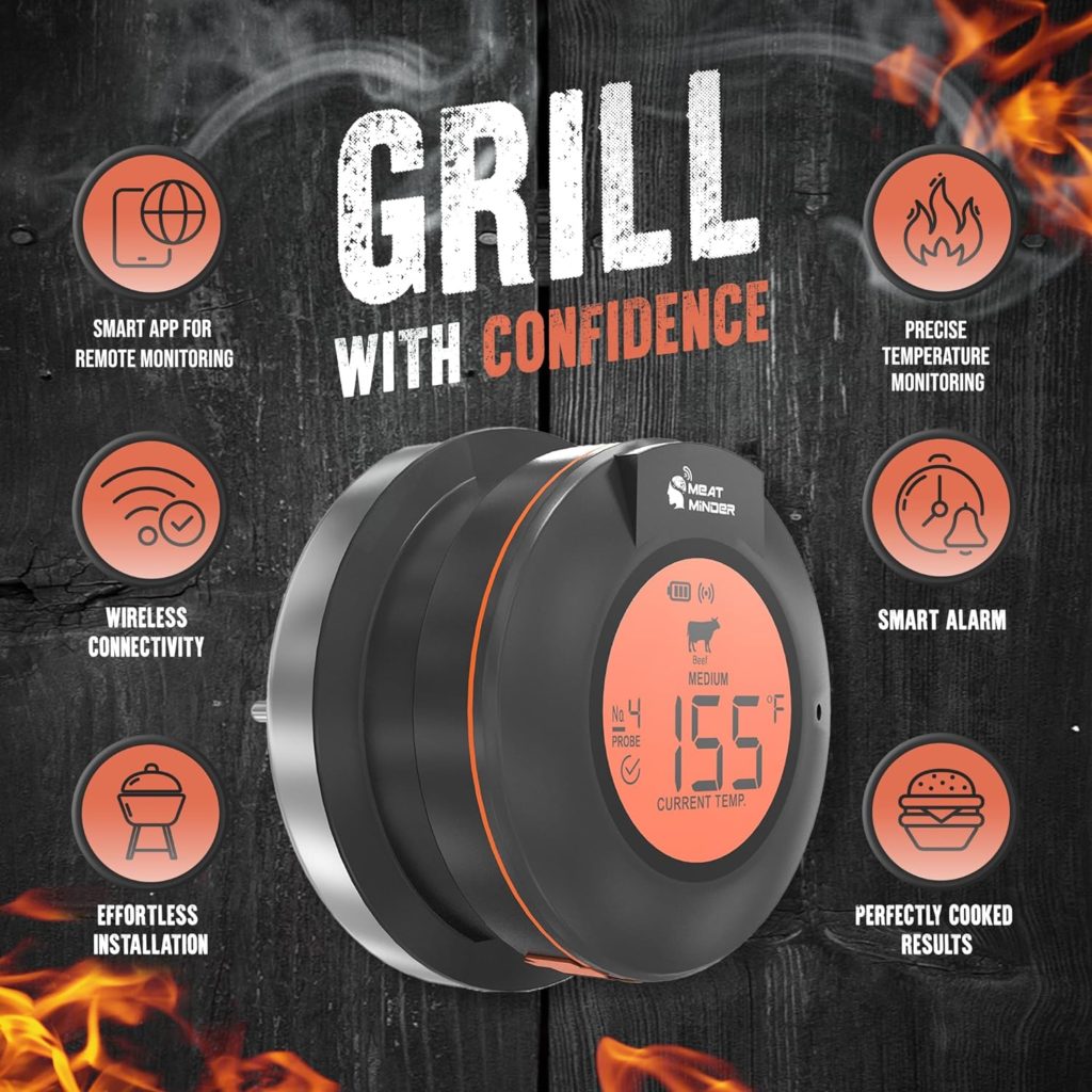 Meat Minder Pro Wireless Grill Smoker Smart Thermometer Upgrade Replacement with Food Probes 195ft Range iOS Andriod Free Smart APP Auto Reconnect Bluetooth Alarms