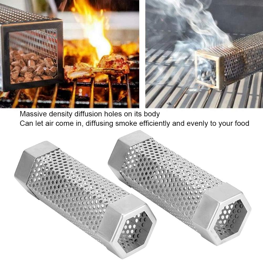 Pellet Smoker Tube, 2Pcs Outdoor Smokers BBQ Grill Smoker Tube Mesh Tube Pellets Smoke Box 6in Stainless Steel Barbecue Accessory for Electric Gas Charcoal