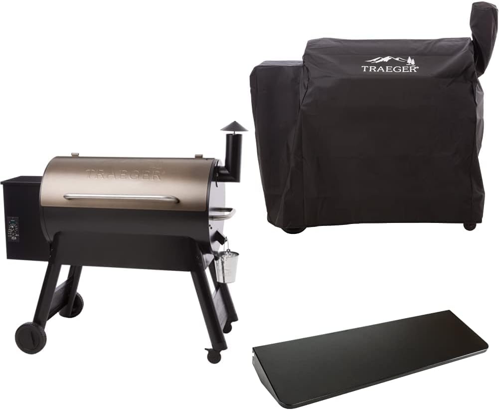 Traeger Grills Pro Series 34 Electric Wood Pellet Grill and Smoker, Bronze + Traeger BAC380 34 Series Full Length Grill Cover + Traeger BAC363 34 Series Folding Shelf