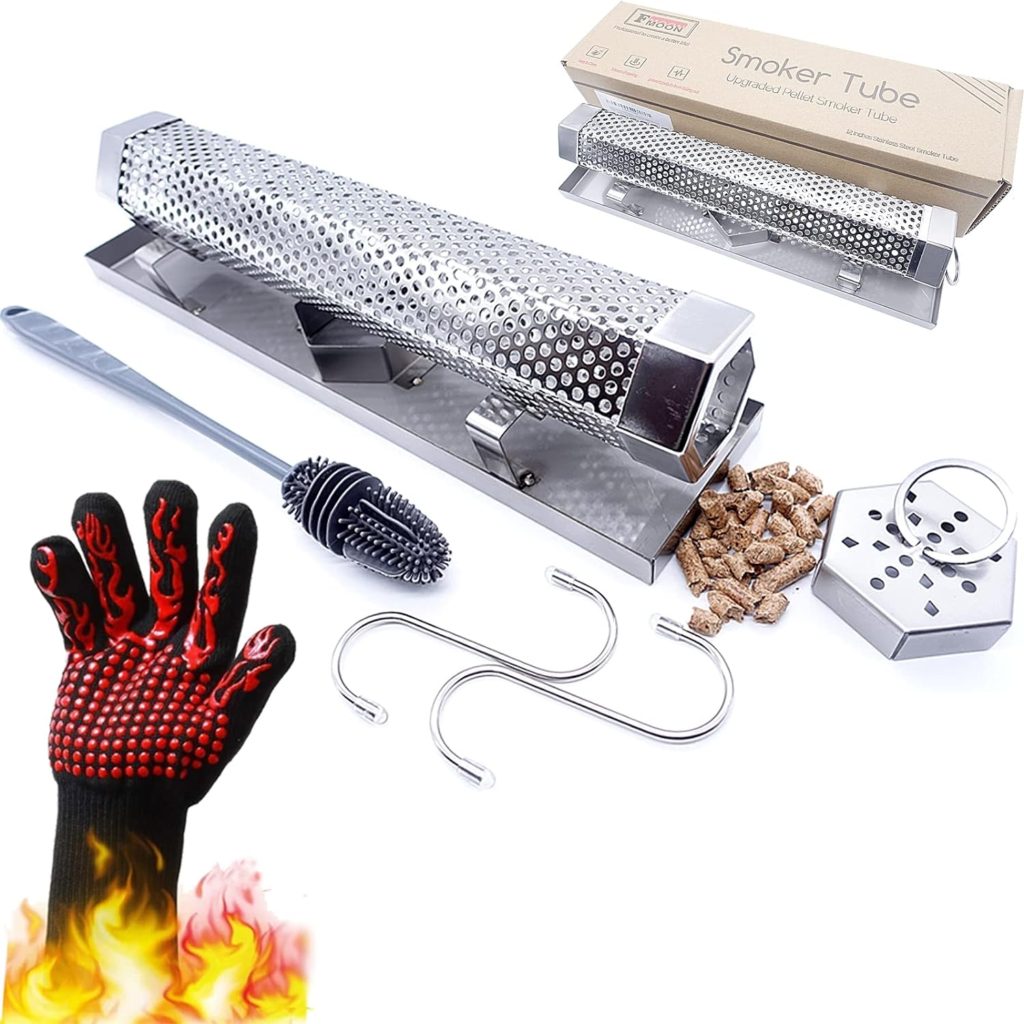 FMOON Upgraded Pellet Smoker Tube With Cold/Hot Smoking Place Platforms ,12 Wood Pellet Tube Smoker With Heat Resistant Glove and 2 Hooks and 1 Brush and 1 Smoke Tube Cover