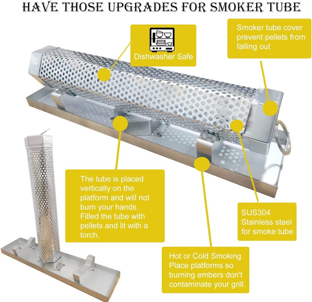 FMOON Upgraded Pellet Smoker Tube With Cold/Hot Smoking Place Platforms ,12 Wood Pellet Tube Smoker With Heat Resistant Glove and 2 Hooks and 1 Brush and 1 Smoke Tube Cover