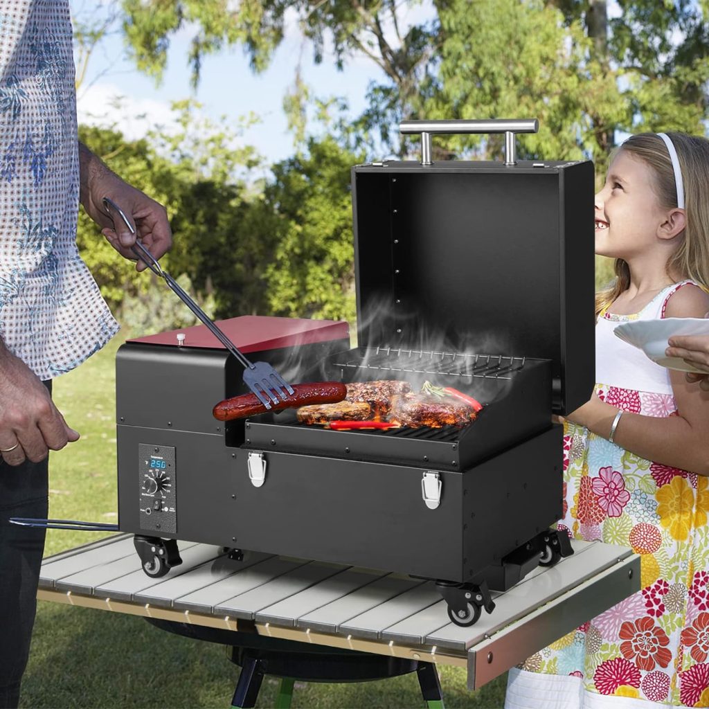 Giantex Portable Pellet Grill Smoker with 2-Tier Grills, 4 Lockable Casters, Auto-feed System, Temp 150°F to 450°F, Meat Probe, Outdoor Tabletop Wood Pellet Grill for BBQ Camping RV Cooking