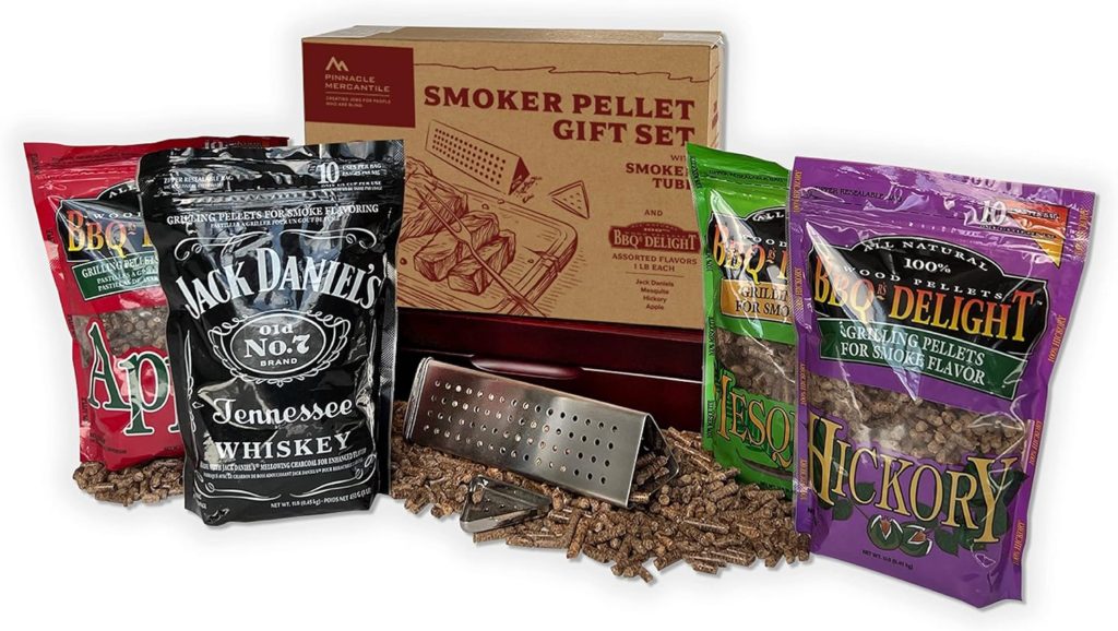 Pinnacle Mercantile Smoker Pellet Gift Set with BBQr’s Delight Wood Pellets and 8” Steel Smoker Tube includes 1lb Bag Each Jack Daniels, Apple, Mesquite, Hickory and Smoker Box Accessory