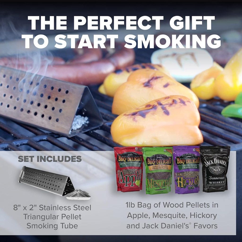 Pinnacle Mercantile Smoker Pellet Gift Set with BBQr’s Delight Wood Pellets and 8” Steel Smoker Tube includes 1lb Bag Each Jack Daniels, Apple, Mesquite, Hickory and Smoker Box Accessory