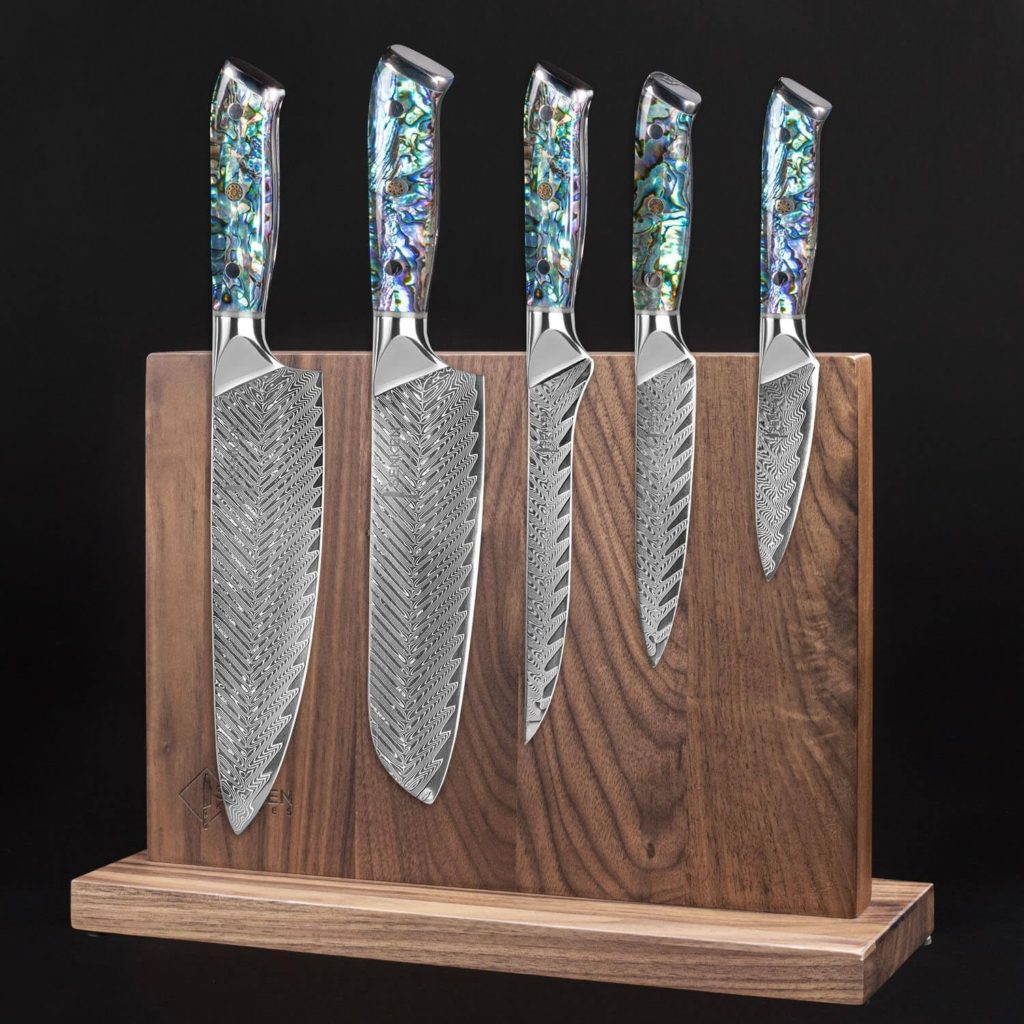 SENKEN 5-Piece Damascus Steel Kitchen Knife Set with Black Walnut Magnetic Knife Block, 67-Layer Japanese VG10 Steel, Real Deep-Sea Abalone Shell Handle, Chefs Knife, Santoku, Paring, Fillet, Utility