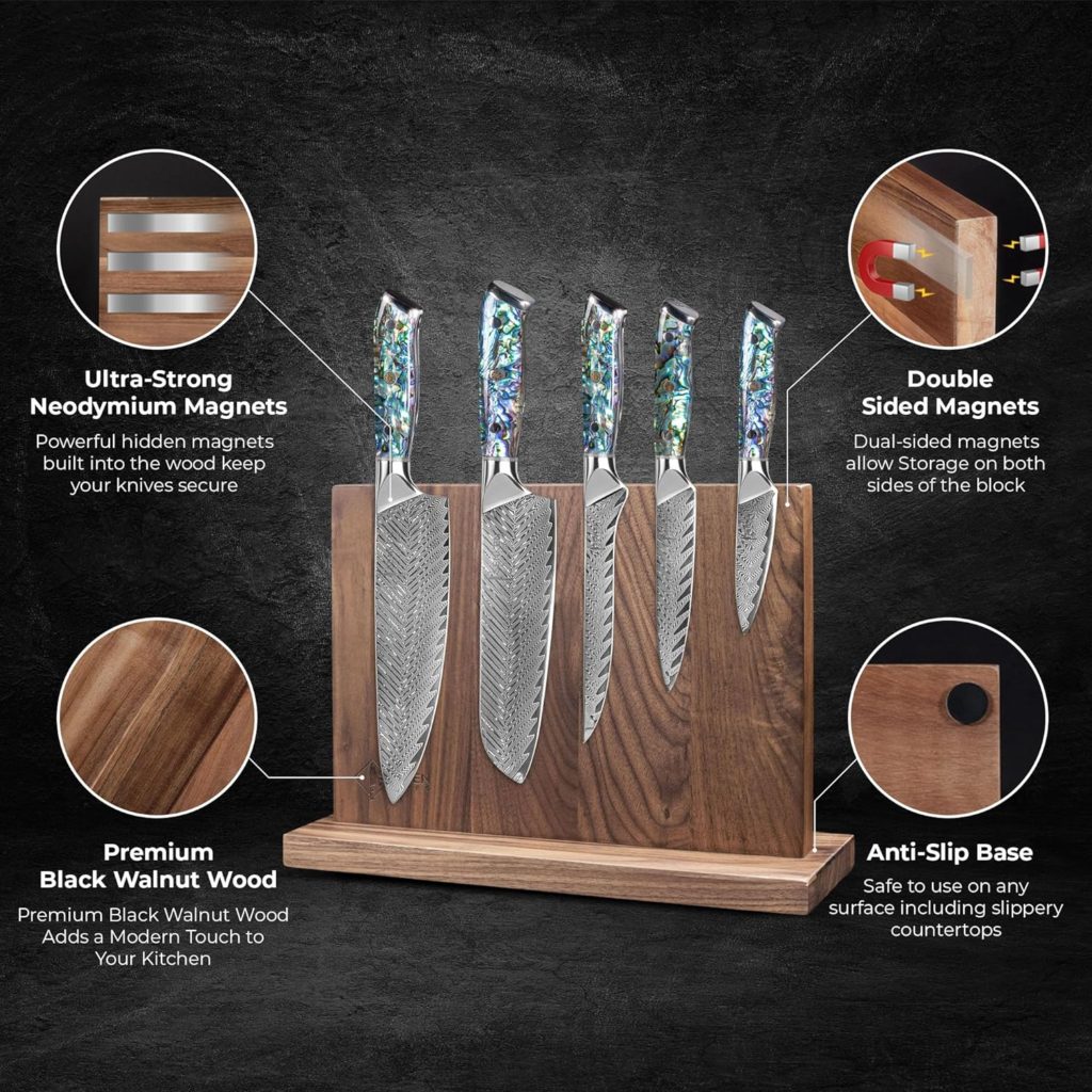 SENKEN 5-Piece Damascus Steel Kitchen Knife Set with Black Walnut Magnetic Knife Block, 67-Layer Japanese VG10 Steel, Real Deep-Sea Abalone Shell Handle, Chefs Knife, Santoku, Paring, Fillet, Utility